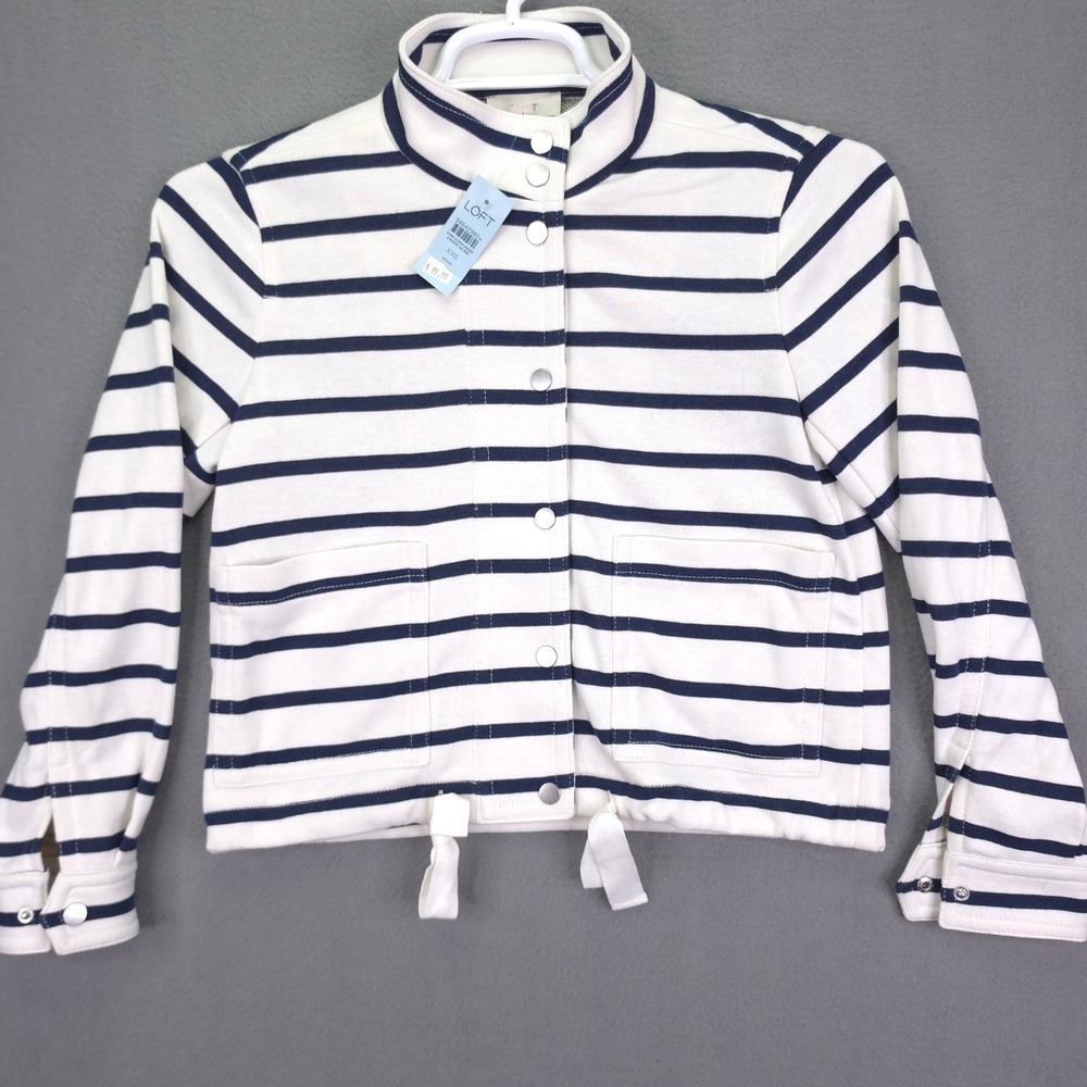 LOFT Jacket Striped Snap Front Drawstring Hem White Navy XXS Petite NWT Cotton